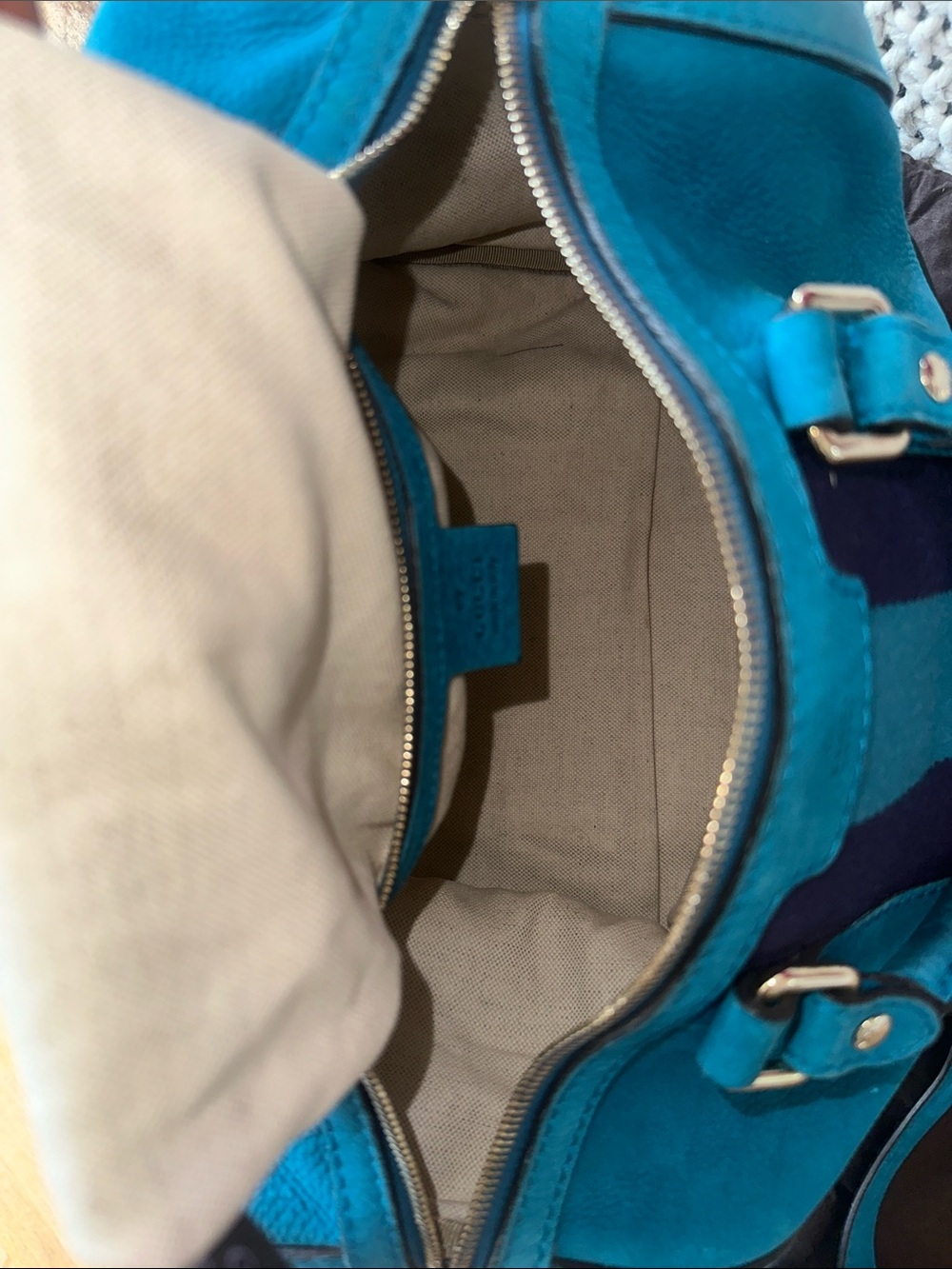 Authentic Gucci Teal Blue Suede Web Boston Bag - Picture 6 of 16